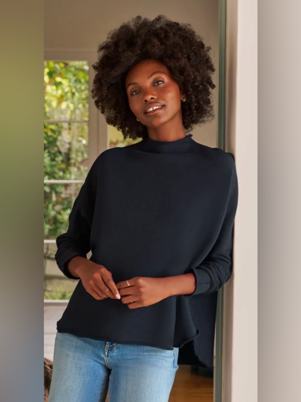 Frank & Eileen Effie Long-Sleeve Funnel Neck Triple Fleece Capelet Navy Size Med